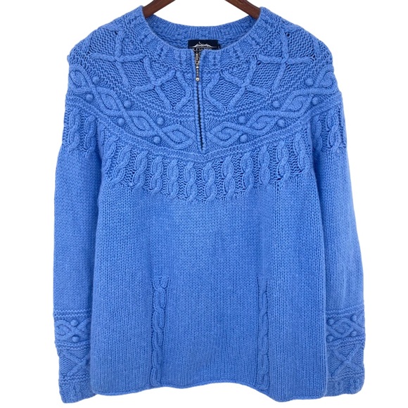 Vtg. Icelandic Design Blue Silk Blend Cable Knit Pullover Sweater Sz.L Angora - Picture 1 of 10